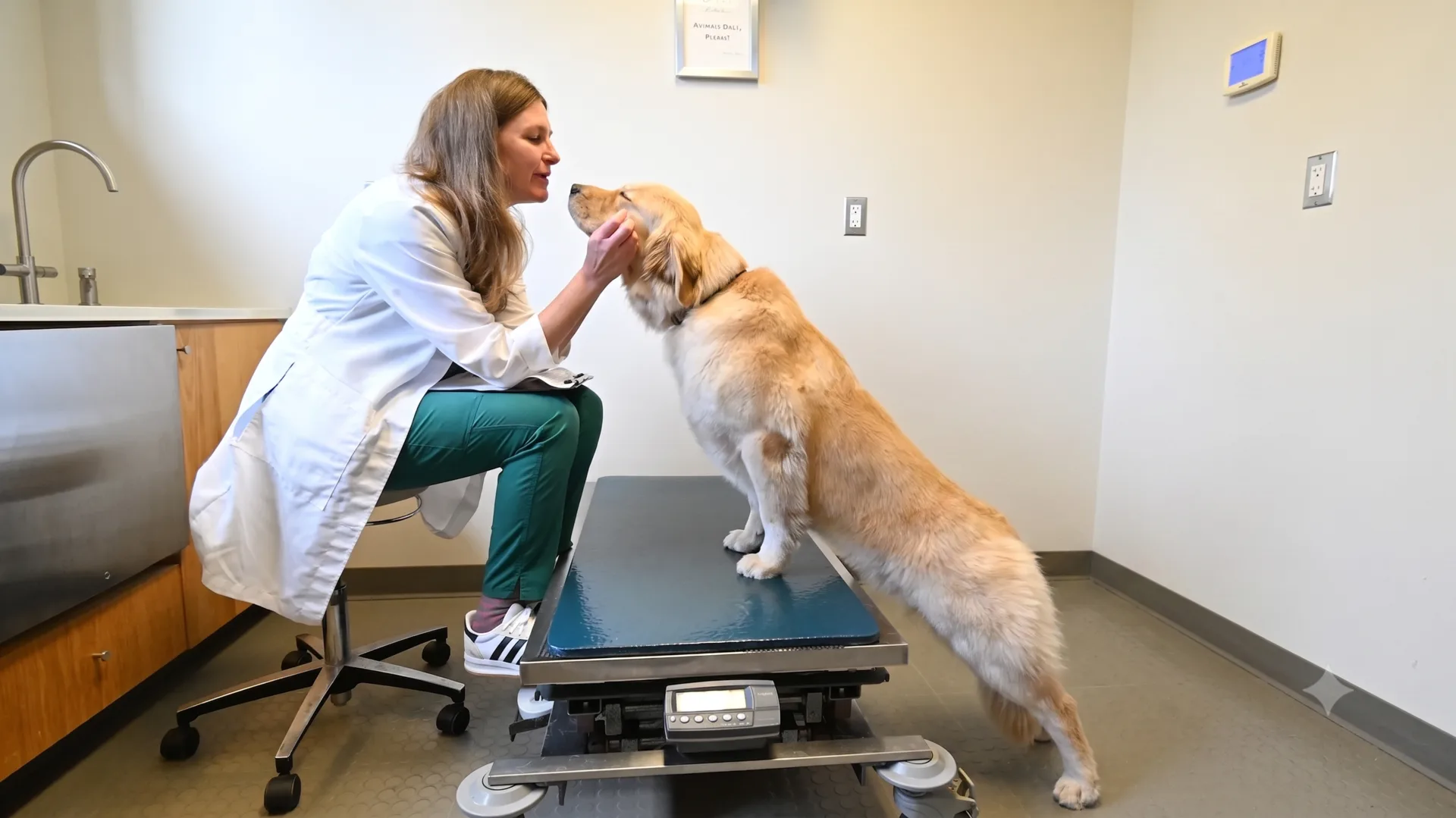An Oldwick Animal Hospital veterinarian greeting a golden retriever